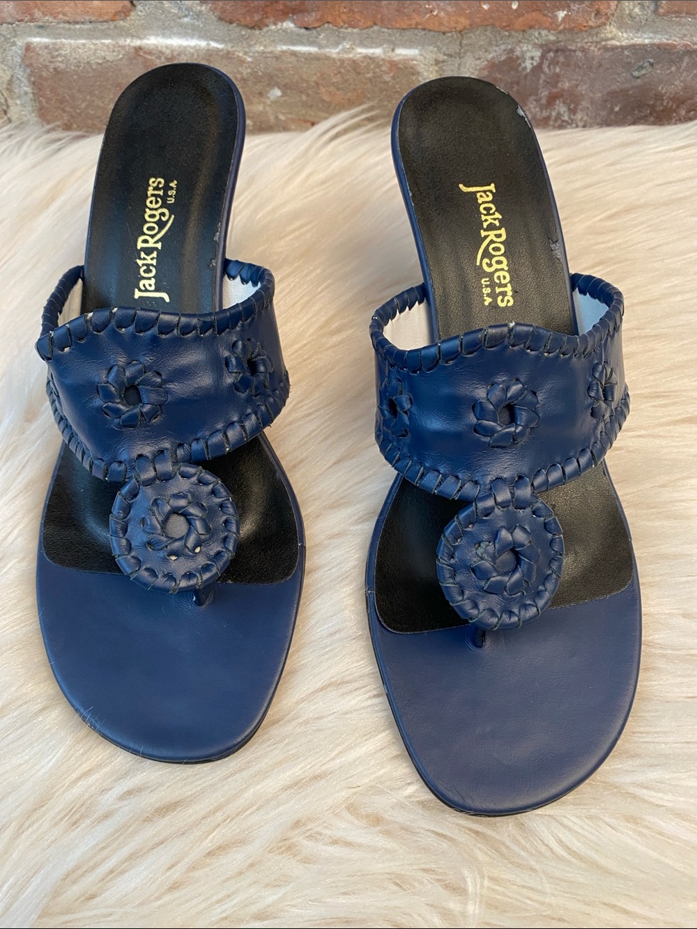 Jack Rogers Marina Blue Leather Kitten Heel Sandals, Size 8.5M